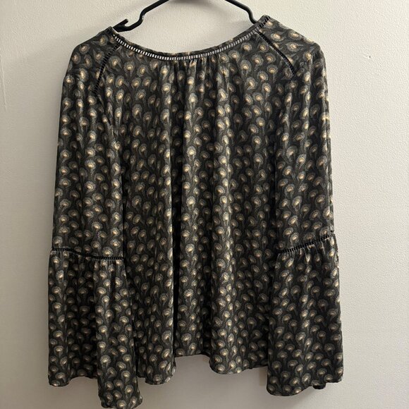 Loft - Peacock Feather Print Bell Sleeve Blouse - Picture 1 of 3